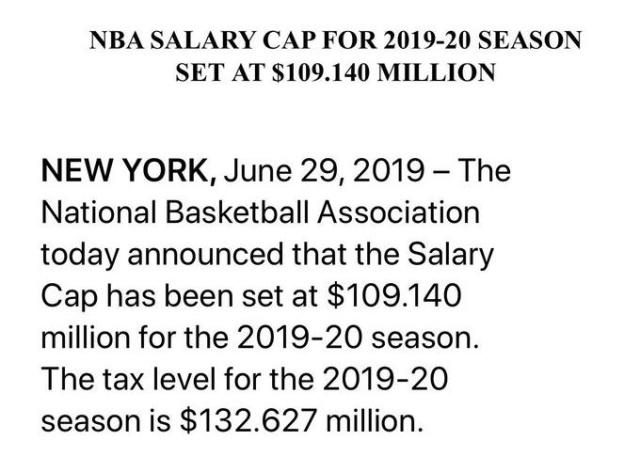 NBA新赛季工资帽,NBA工资,NBA2019-2020赛季