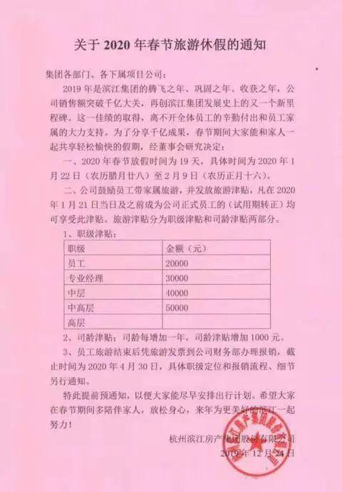 千亿房企春节放假19天 员工最低还发2万元旅游津贴